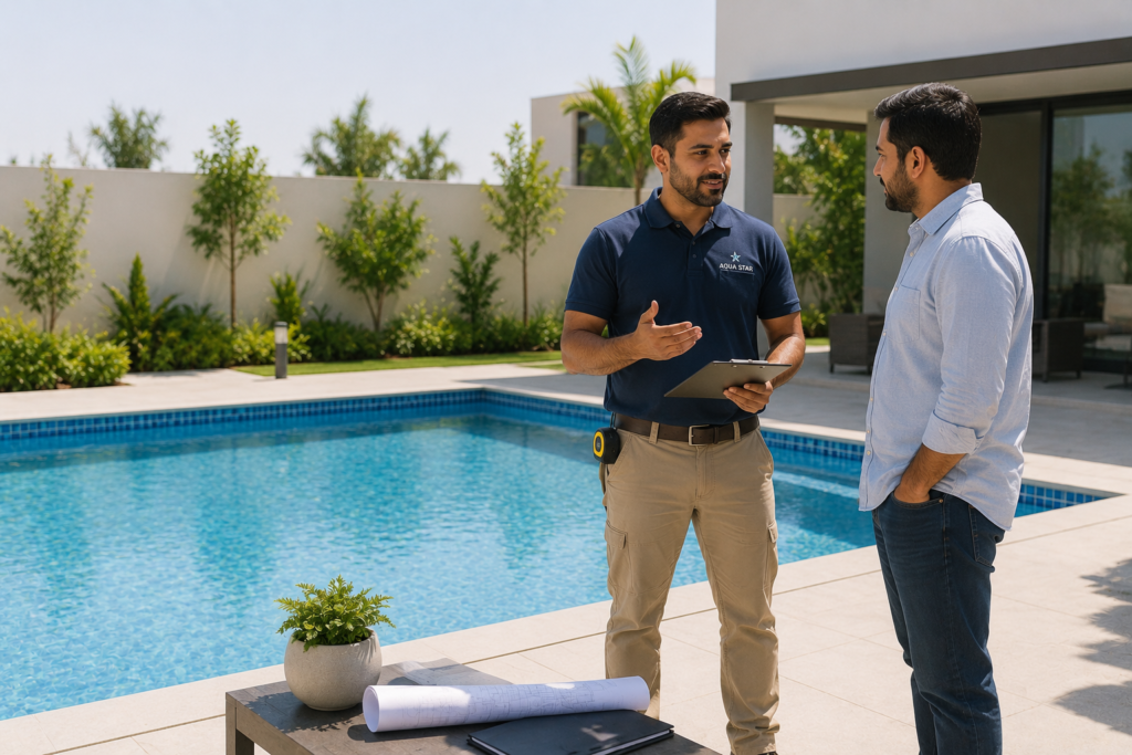 Pool consultant talking to customer beside a swimming pool.